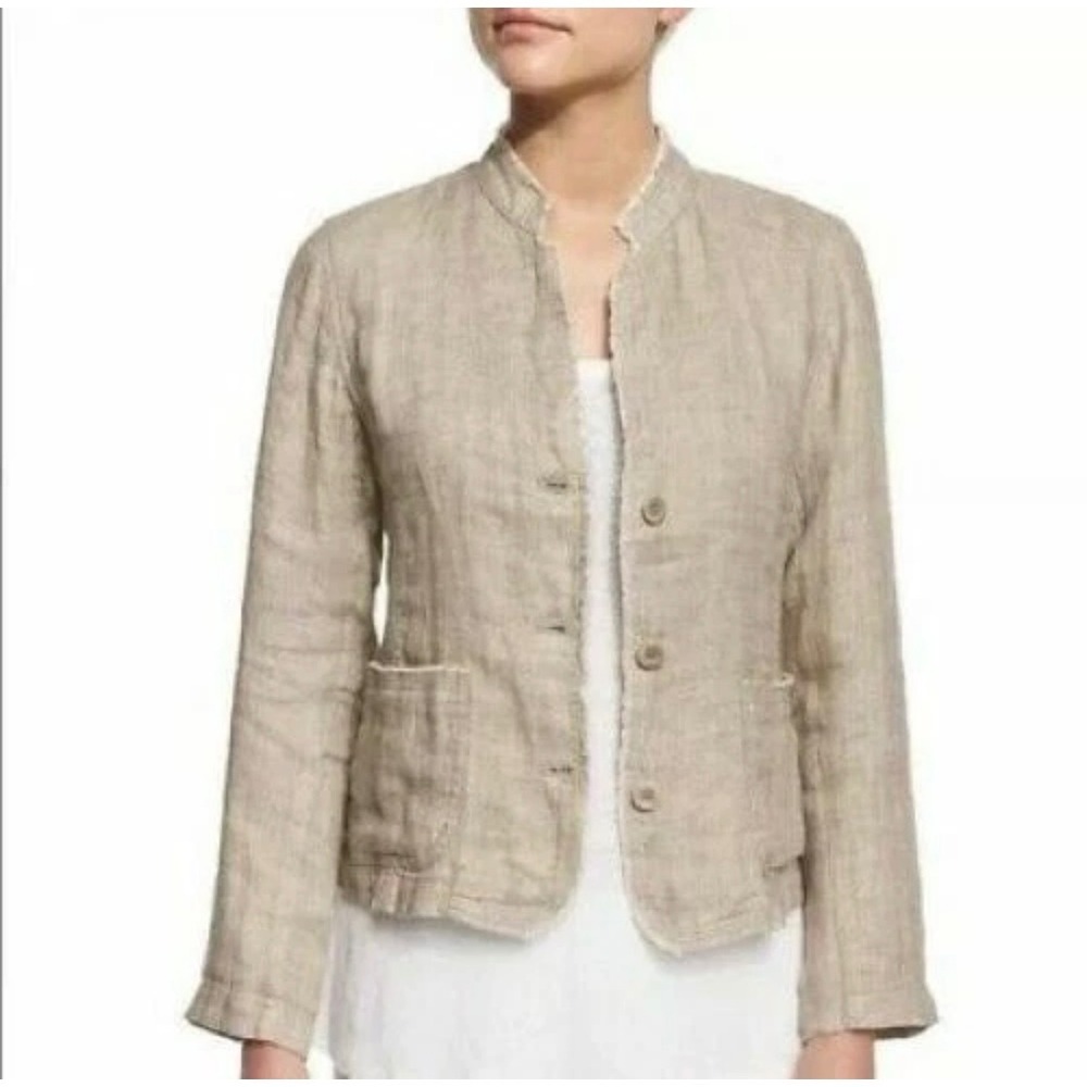 Eileen Fisher Petite Large Organic Irish Linen Raw Edge Blazer Jacket Natural
